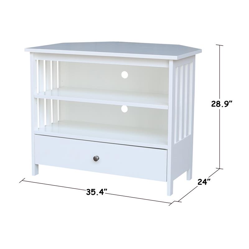 Pemberly Row Solid Wood TV Stand with Shelves and Drawer in White - 28.9