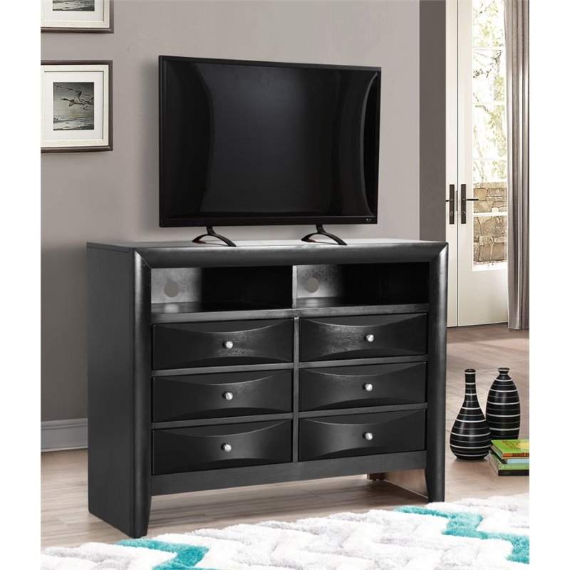 Pemberly Row Contemporary Wood 6 Drawer TV Stand in Black Finsih