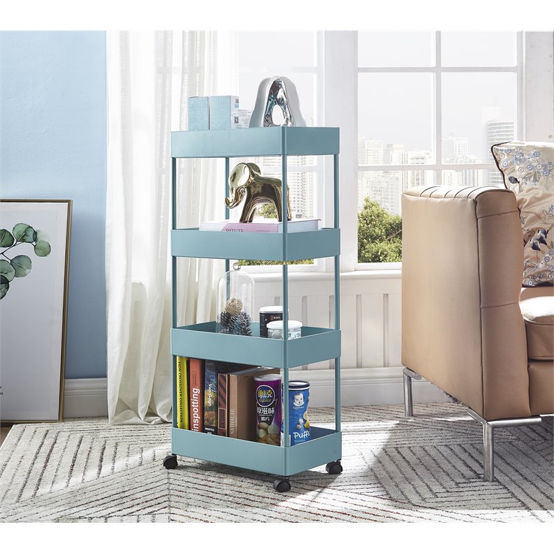 Pemberly Row 4-Tier Plastic Storage Organizer Rolling Cart with Shelves in Blue