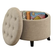 Pemberly Row Round Ottoman in Off White Tan Upholstery with Wood Legs