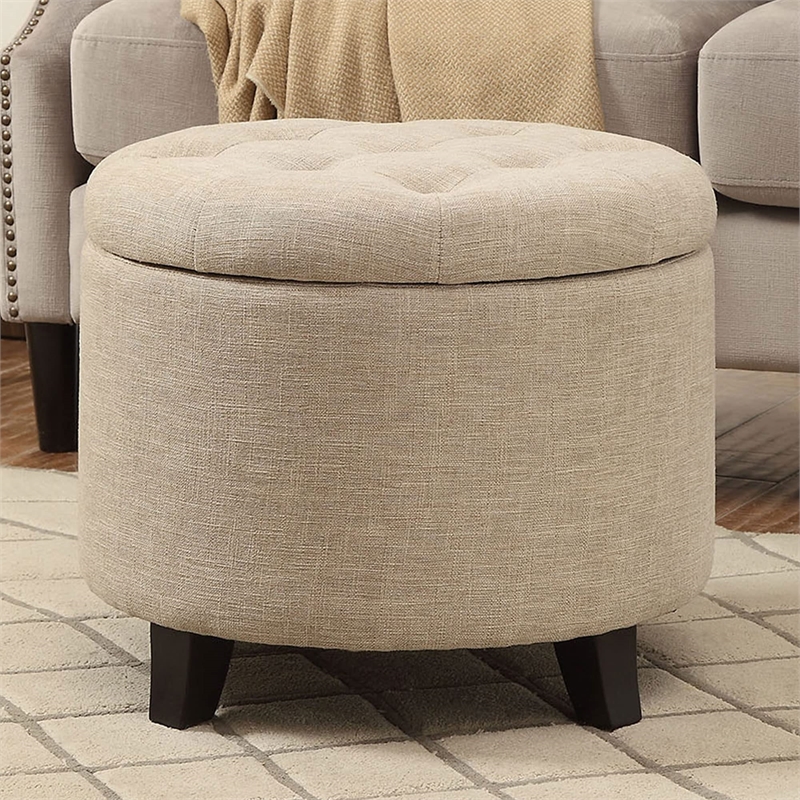 Pemberly Row Round Ottoman in Off White Tan Upholstery with Wood Legs