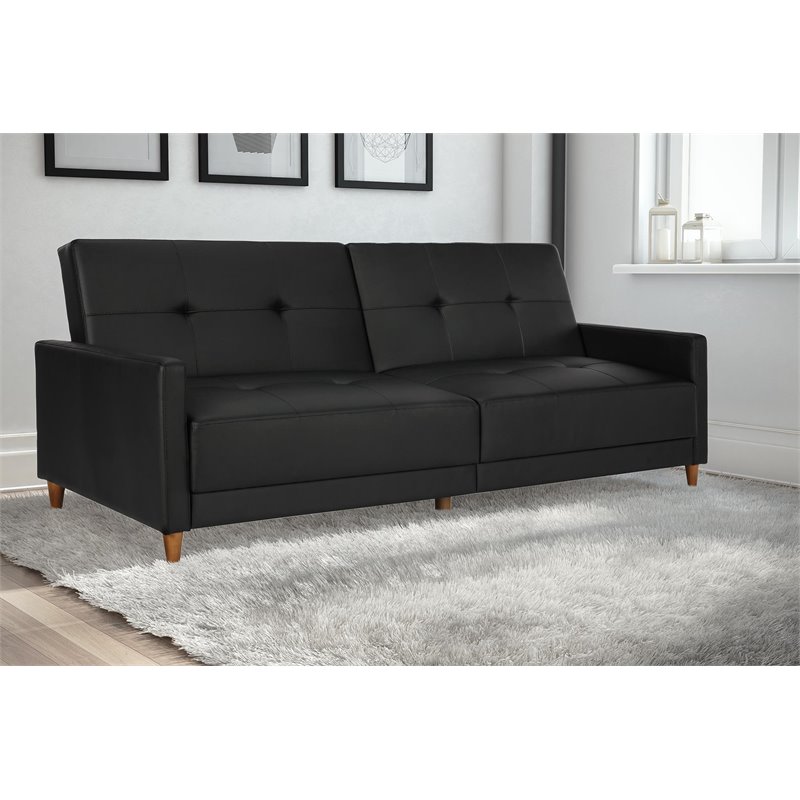 Pemberly Row Coil Faux Leather Convertible Sofa in Black Finish