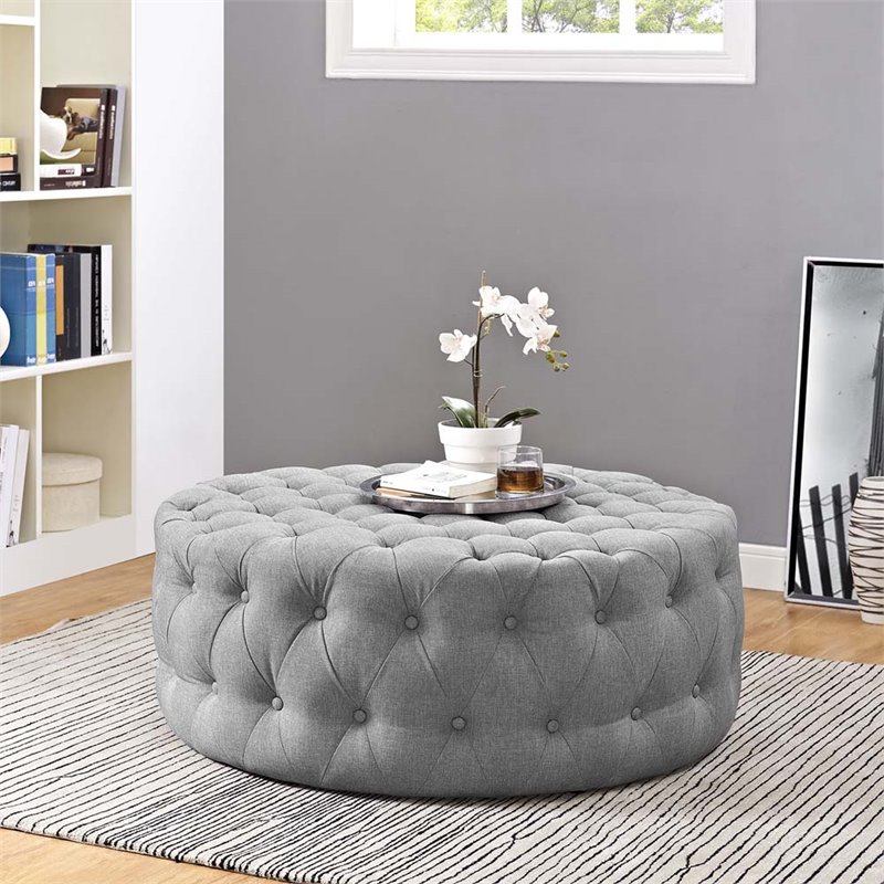 Pemberly Row Modern Upholstered Fabric and Solid Wood Ottoman in Light Gray