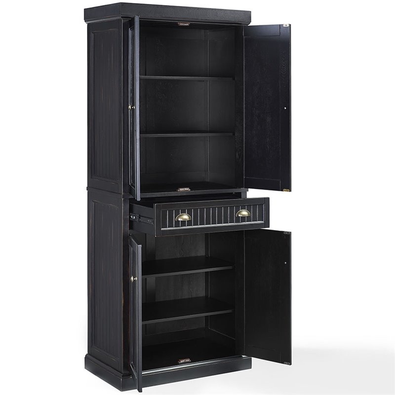 Pemberly Row Modern 4 Door Wood Coastal Pantry in Distressed Black