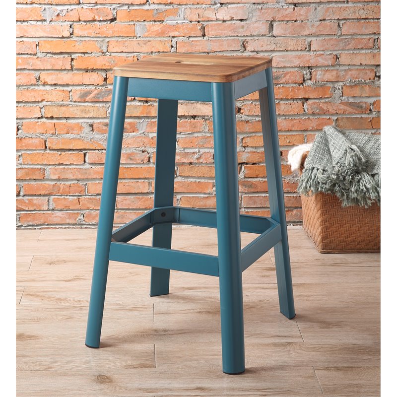 Pemberly Row Contemporary Bar Stool in Natural and Teal Finish