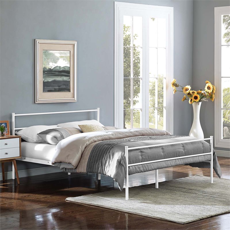 Pemberly Row Powder Coated Sturdy Steel Queen Platform Bed Frame in White