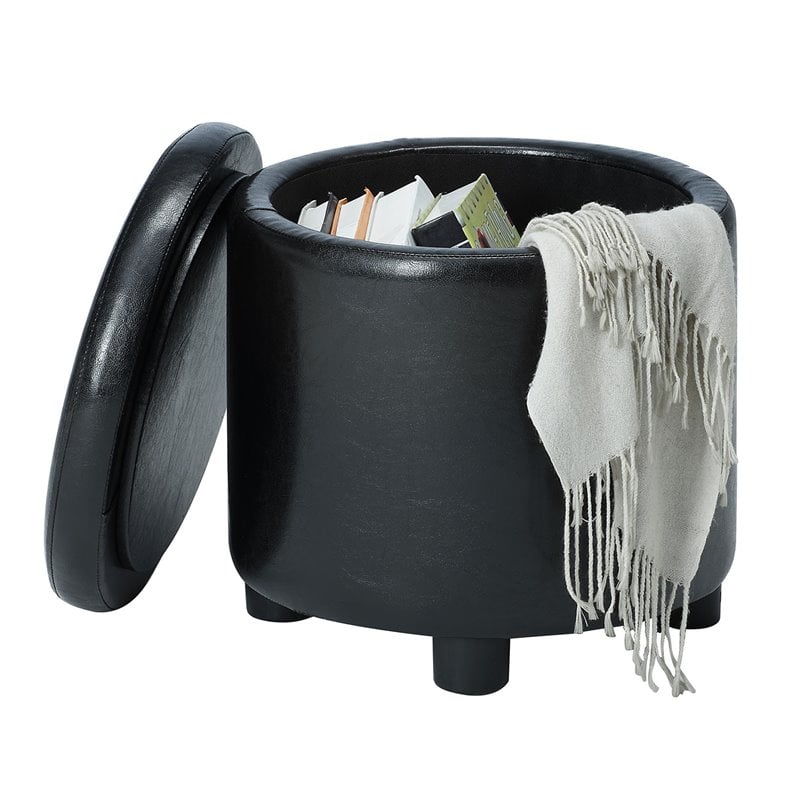 Pemberly Row Round Accent Storage Ottoman in Black Faux Leather Fabric