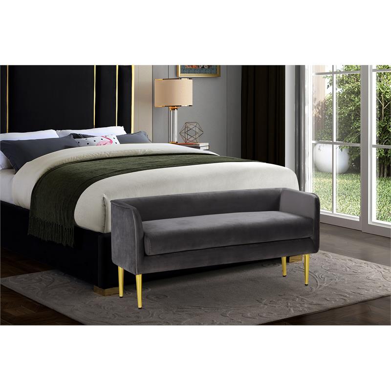 Pemberly Row Contemporary Grey Velvet Bench with Gold Metal Legs