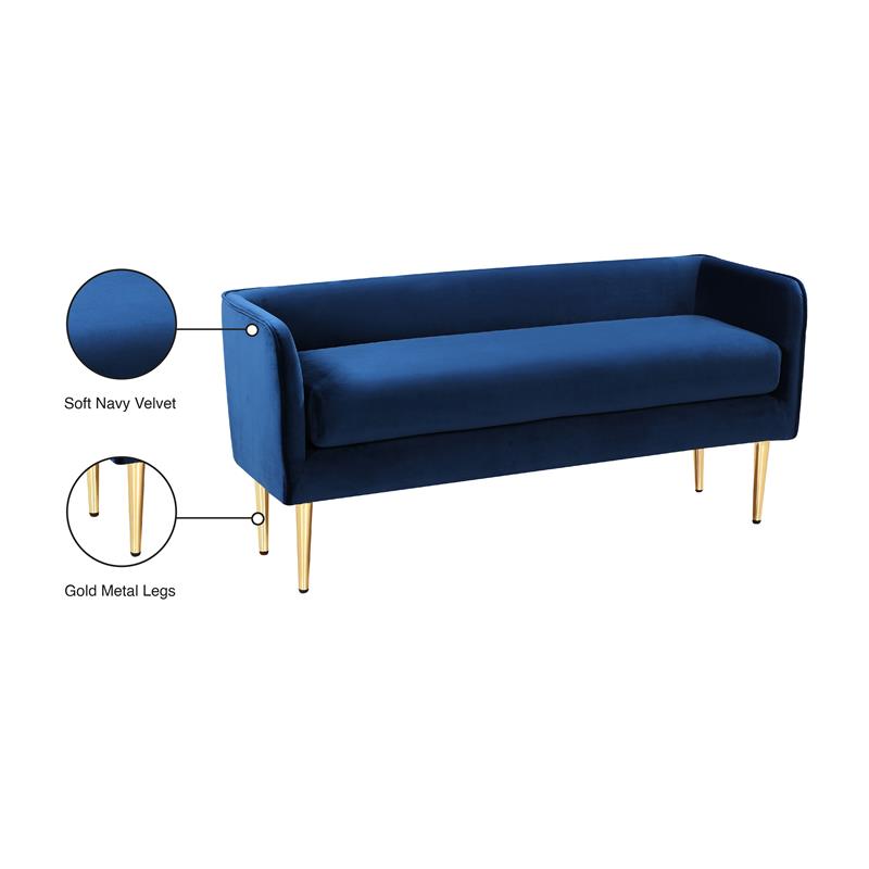Pemberly Row Contemporary Navy Velvet Bench with Gold Metal Legs