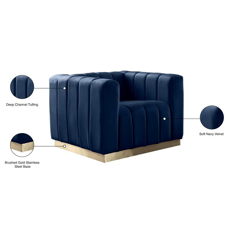 Pemberly Row Contemporary Navy Velvet Chair with Sturdy Stainless Steel Base