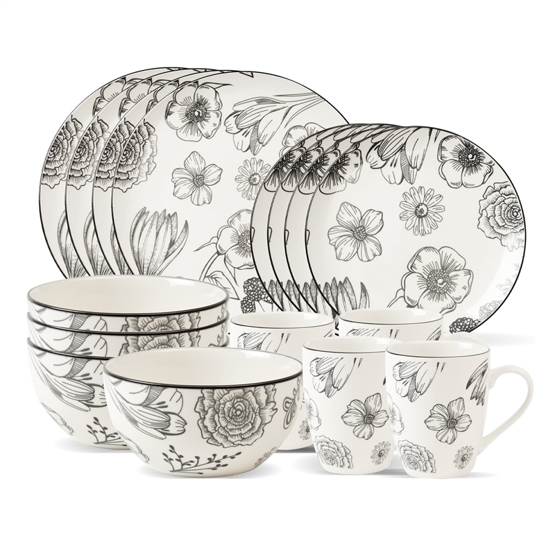 Pemberly Row Modern Porcelain Dinnerset 16 Piece Porcelain Bouquet