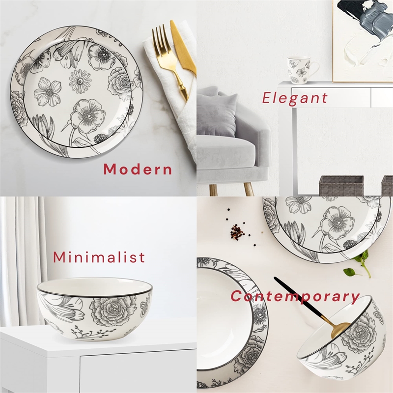 Pemberly Row Modern Porcelain Dinnerset 16 Piece Porcelain Bouquet