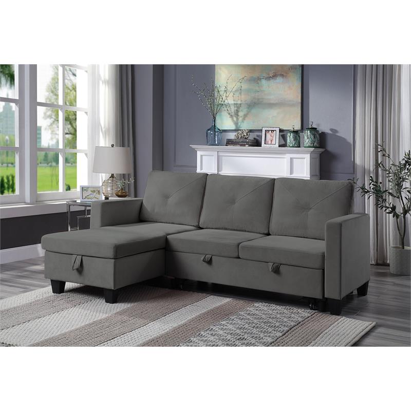 Pemberly Row Velvet Reversible Sleeper Sectional with Storage in Dark Gray