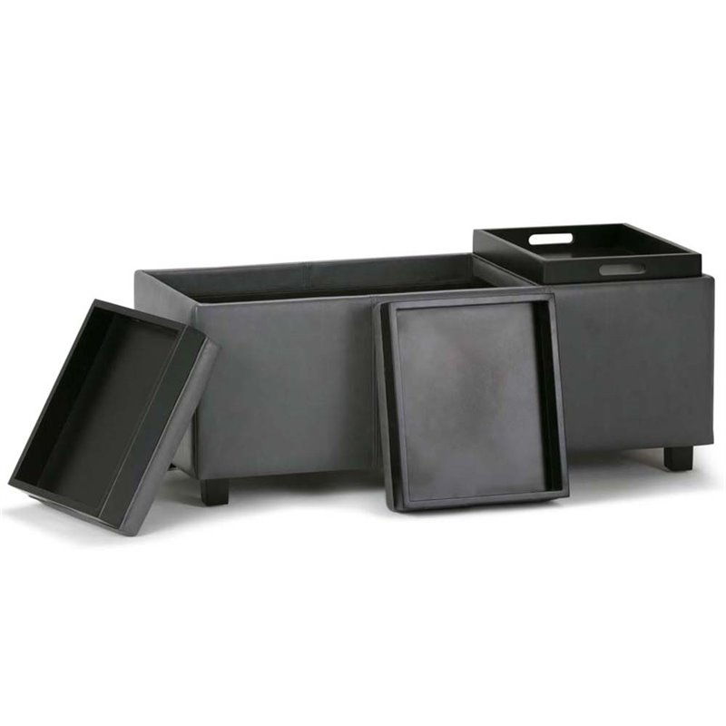 Pemberly Row Contemporary 3 Faux Leather Tray Bench in Stone Gray