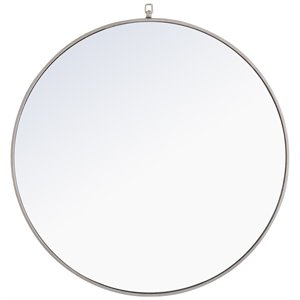 Pemberly Row Modern 42&quot Round Metal Frame Hooked Mirror in Silver