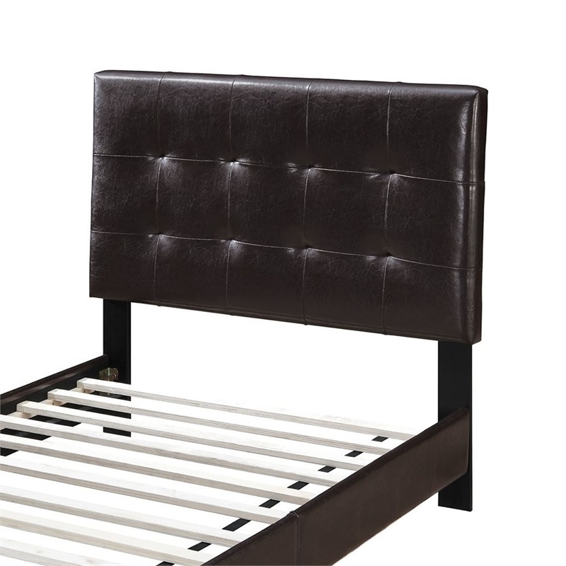 Pemberly Row Twin Faux Leather Bed Frame with Slats in Brown