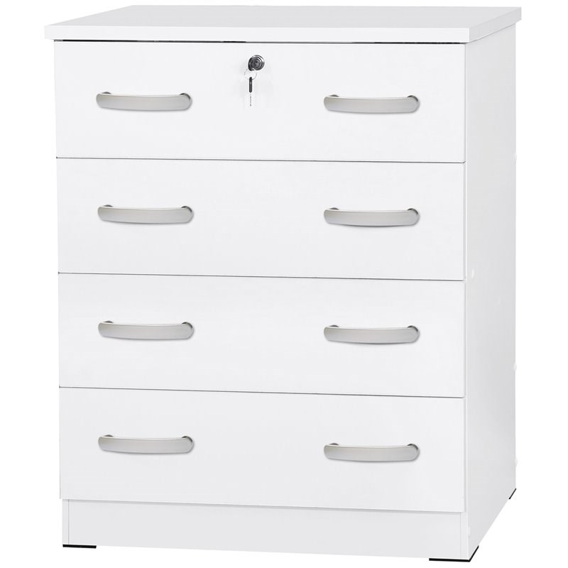 Pemberly Row Modern 4 Drawer Chest Wood Dresser with Lock in White