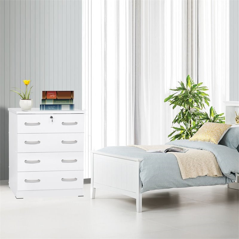 Pemberly Row Modern 4 Drawer Chest Wood Dresser with Lock in White