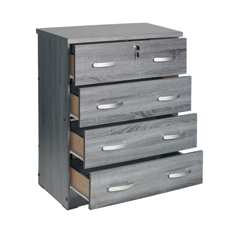 Pemberly Row 4 Drawer Chest Wood Dresser with Lock in Gray Oak