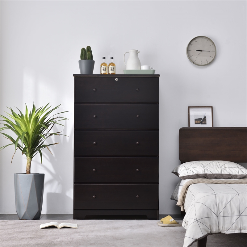 Pemberly Row Solid Pine Wood 5 Drawer Chest Dresser in Tobacco