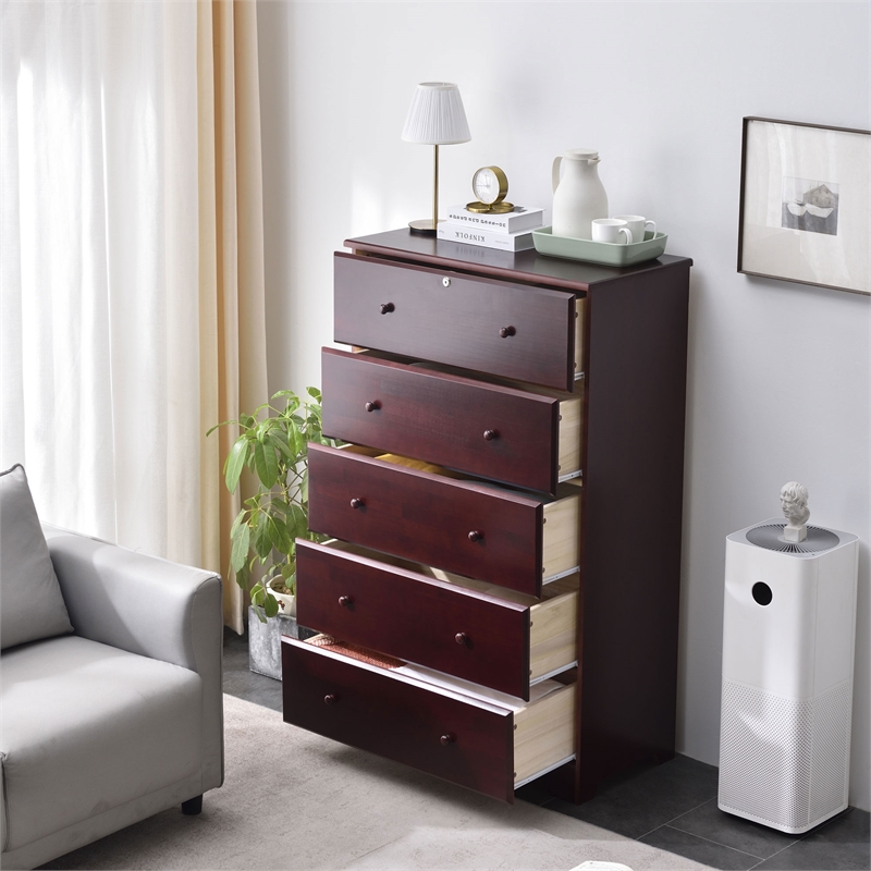 Pemberly Row Solid Pine Wood 5 Drawer Chest Dresser in Mahogany