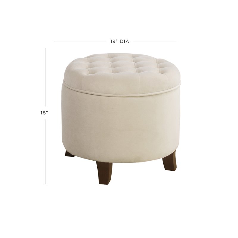 Pemberly Row Round Transitional Wood and Velvet Storage Ottoman in Cream