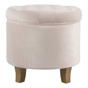 Pemberly Row Round Transitional Wood and Velvet Storage Ottoman in Pink
