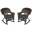 Pemberly Row Rocker Wicker Chair in Espresso with Blue Cushion (Set of 2) Brown