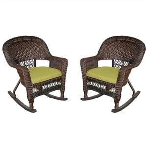 Pemberly Row Rocker Wicker Chair in Espresso with Green Cushion (Set of 2)