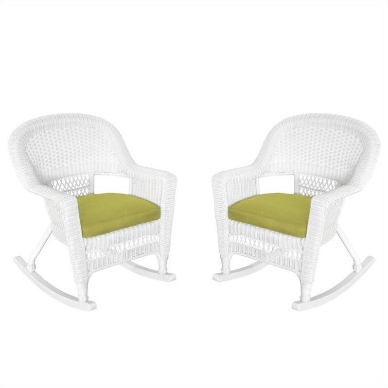 Pemberly Row Rocker Wicker Chair in White with Green Cushion (Set of 2)