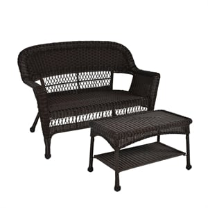 Pemberly Row Wicker Patio Love Seat and Coffee Table Set - Black without Cushion