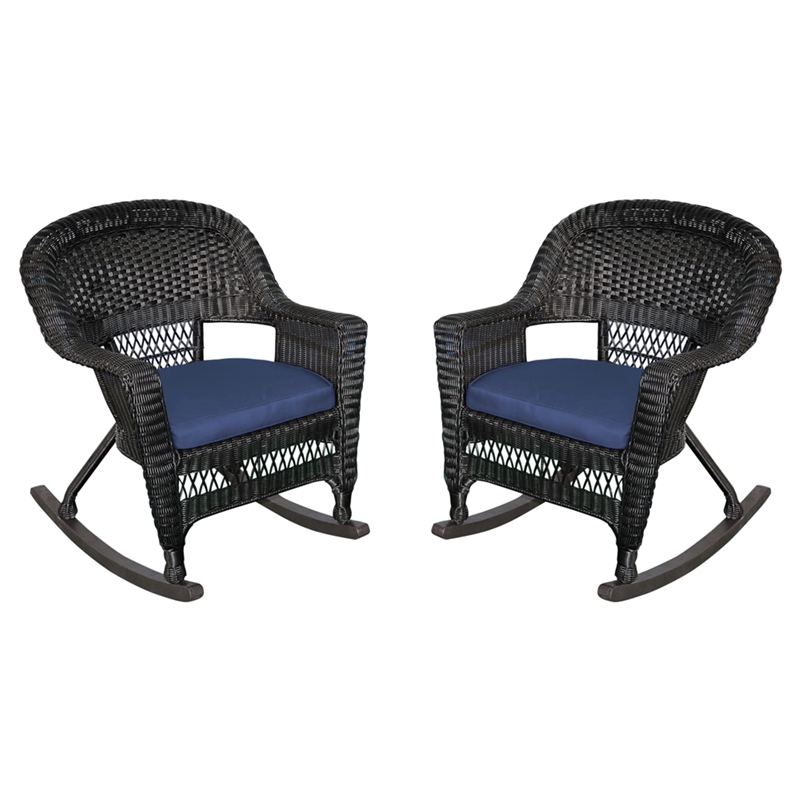 Pemberly Row Wicker Rocker Chair in Black with Blue Cushion (Set of 2)