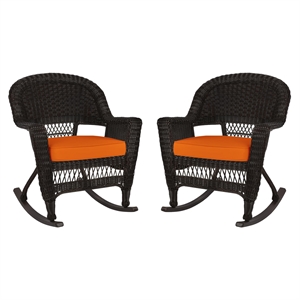 Pemberly Row Wicker Rocker Chair in Black with Orange Cushion (Set of 2)