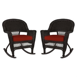 Pemberly Row Wicker Rocker Chair in Black with Red Cushion (Set of 2)