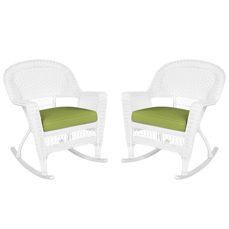 Pemberly Row Wicker Rocker Chair in Black with Green Cushion (Set of 2)