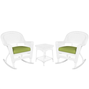 Pemberly Row 3pc Wicker Rocker Chair Set in Black with Green Cushion