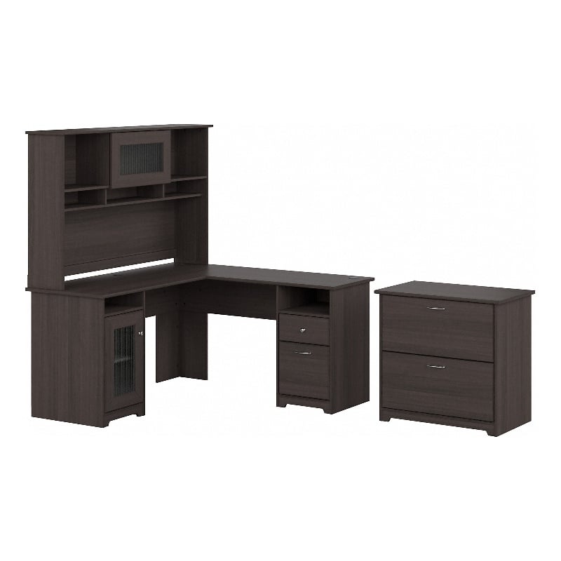 Pemberly Row L Desk with Hutch & File Cabinet in Heather Gray - Engineered Wood