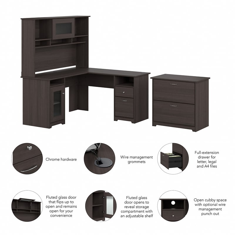 Pemberly Row L Desk with Hutch & File Cabinet in Heather Gray - Engineered Wood