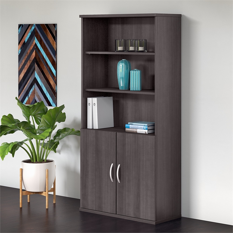 Pemberly Row 5 Shelf Bookcase with Doors in Storm Gray - Engineered Wood