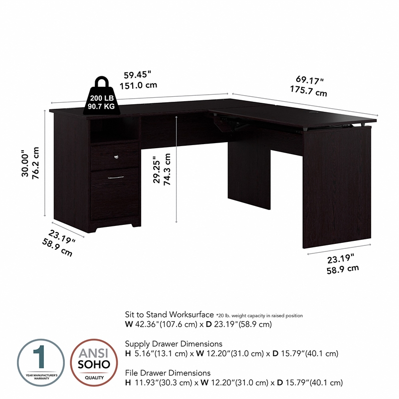 Pemberly Row Wood 60W 3 Position L Shaped Sit to Stand Desk in Espresso Oak