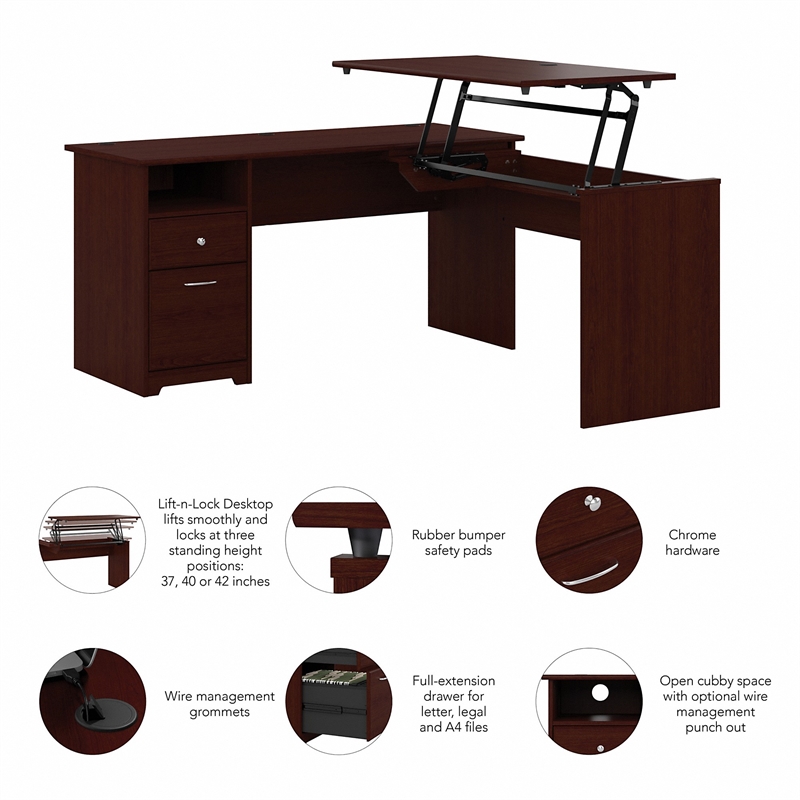 Pemberly Row 60W 3 Position L Shaped Sit to Stand Desk in Harvest Cherry