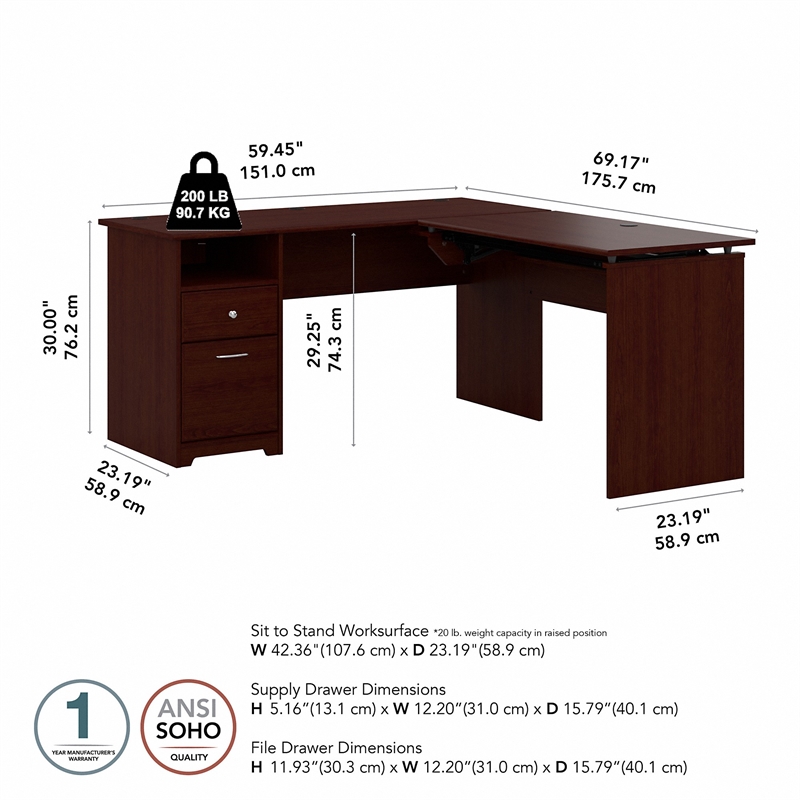 Pemberly Row 60W 3 Position L Shaped Sit to Stand Desk in Harvest Cherry