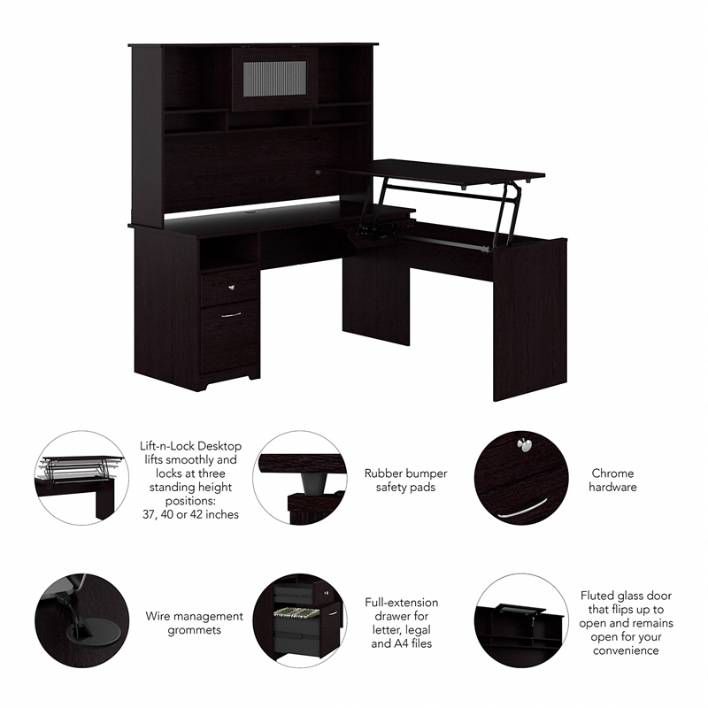 Pemberly Row 60W Wood 3 Position Sit to Stand L Desk & Hutch in Espresso Oak