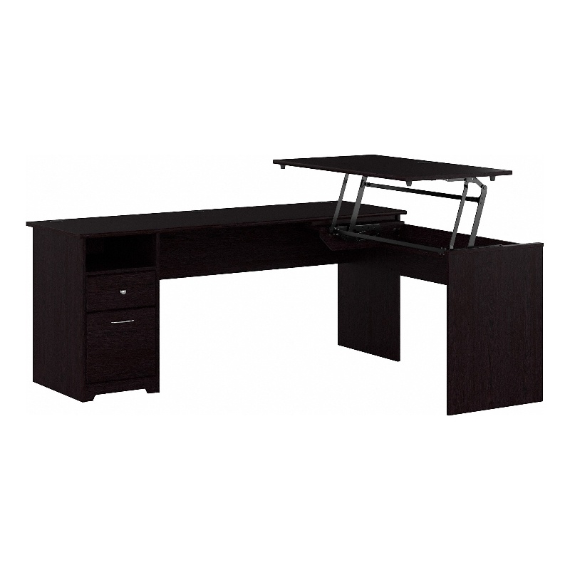 Pemberly Row Engineered Wood 72W 3 Position Sit to Stand L Desk in Espresso Oak