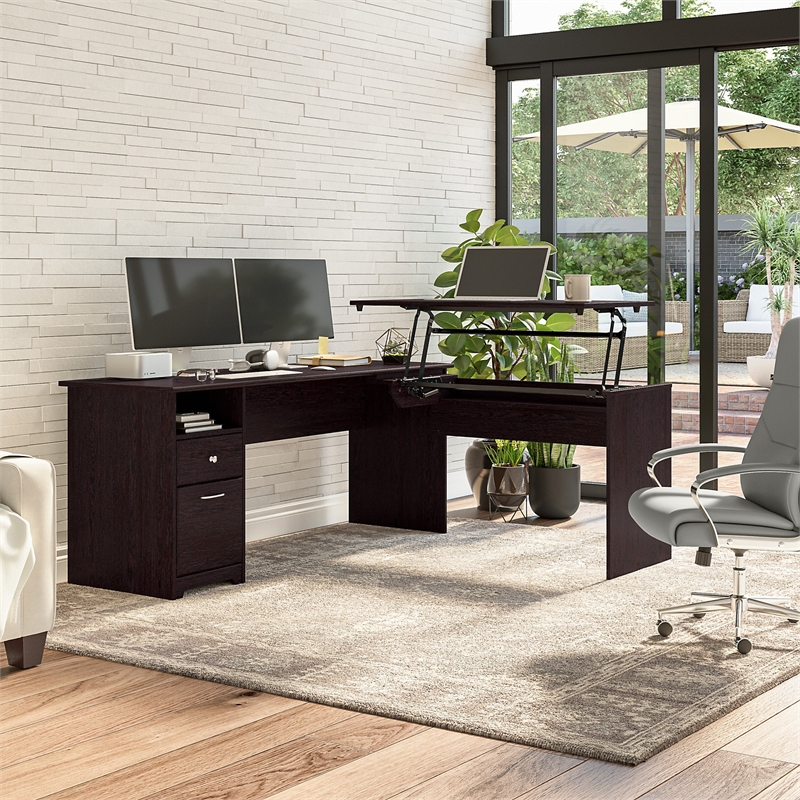 Pemberly Row Engineered Wood 72W 3 Position Sit to Stand L Desk in Espresso Oak