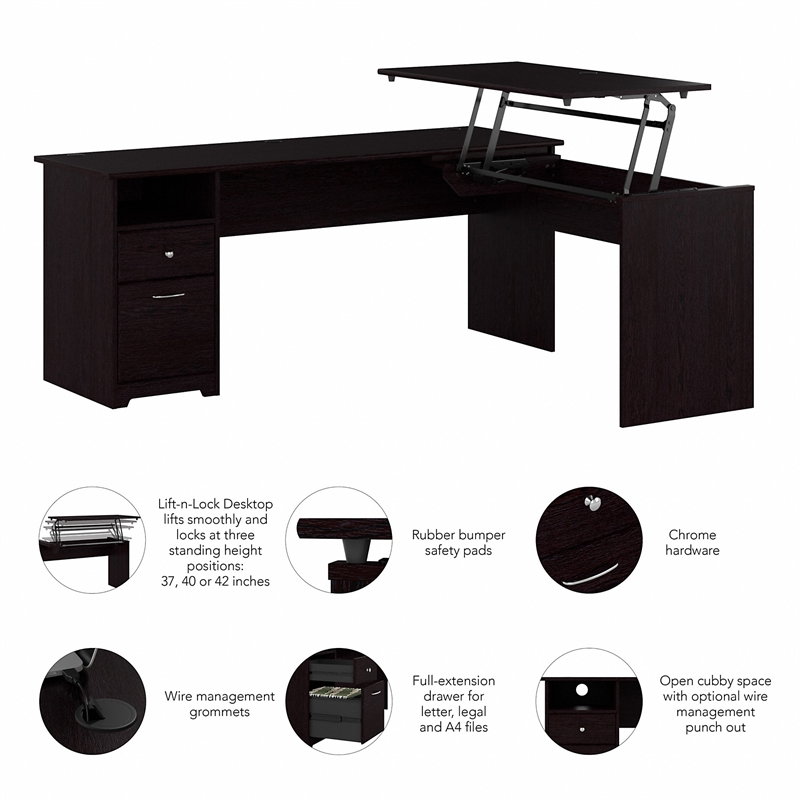 Pemberly Row Engineered Wood 72W 3 Position Sit to Stand L Desk in Espresso Oak