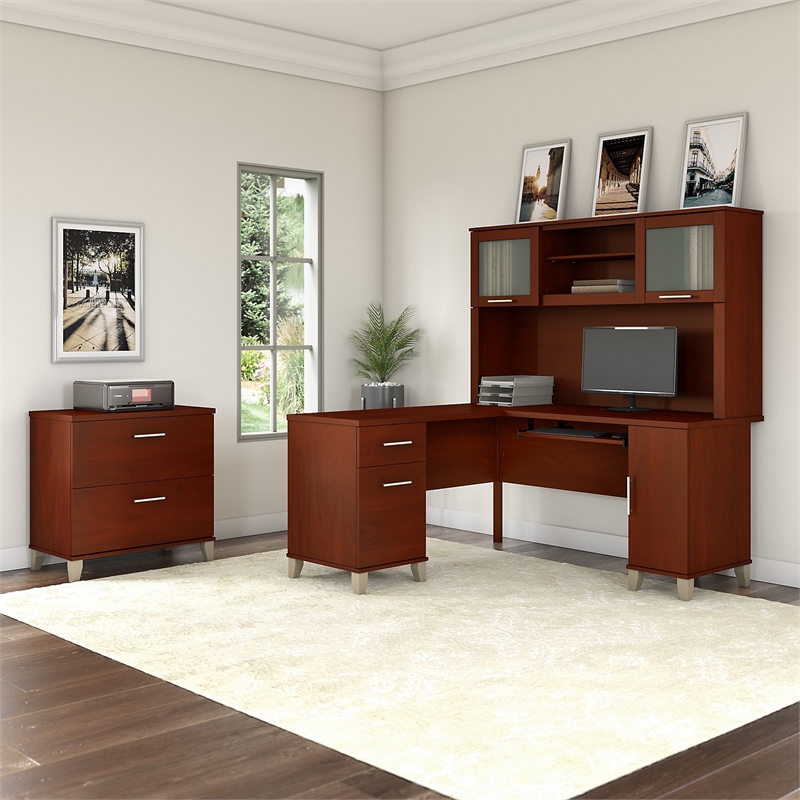 Pemberly Row Modern 60W L Desk with Hutch & File Cabinet in Cherry