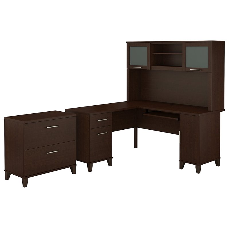 Pemberly Row 60W L Shaped Desk with Hutch and File Cabinet in Mocha Cherry
