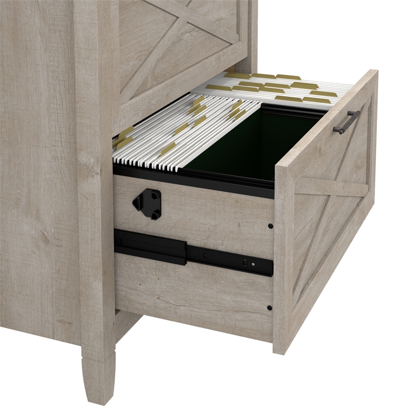 Pemberly Row 60W L Shaped Desk with File Cabinet in Washed Gray