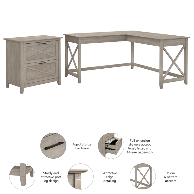 Pemberly Row 60W L Shaped Desk with File Cabinet in Washed Gray